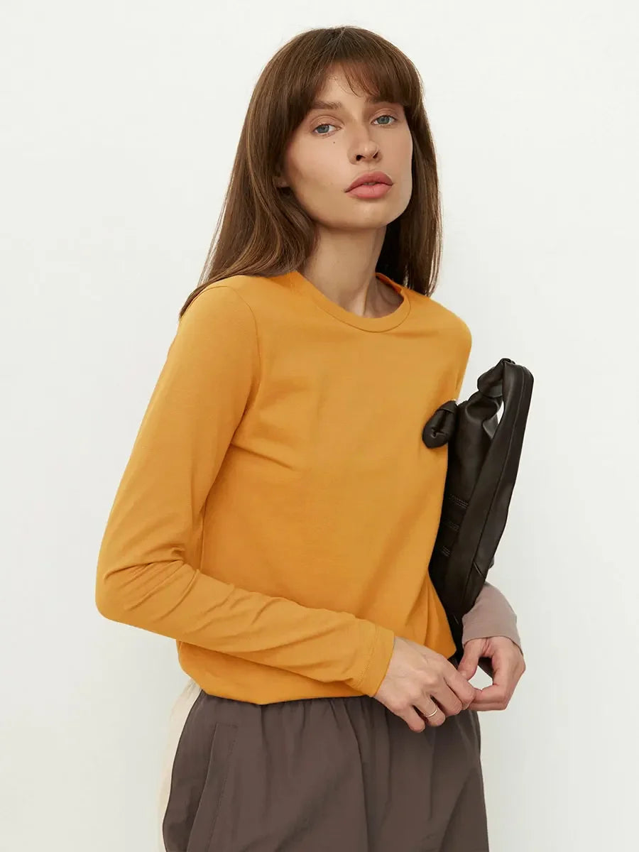 Bornladies Women's Spring Autumn 100% Cotton T-shirt Bottoming Basic Solid Lady Long Sleeve Loose Tops Shirts Oversized T Shirt