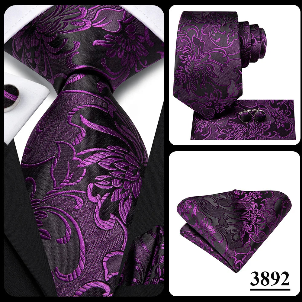 Hi-Tie Purple Lilac Floral Striped Silk Elegant Tie For Men Groom Wedding Men Necktie Pocket Square Cufflink Accessory Wholesale