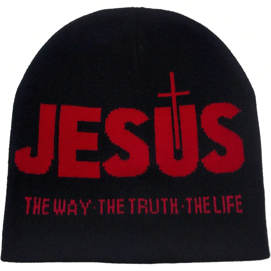 Knitted "JEsUs" letter inlaid bean hat, men's and women's warm winter casual hat, daily wear and outdoor activities