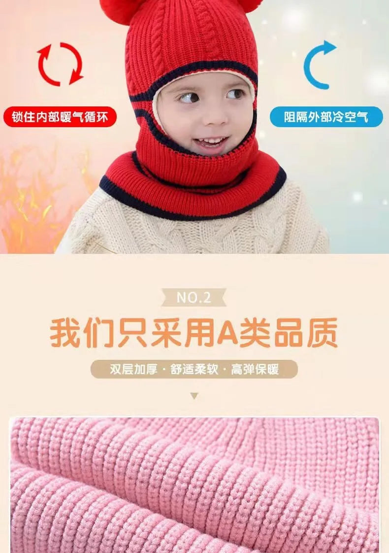 2-4year kid's knitted hat winter warm woolen hat  mask scarf one-piece