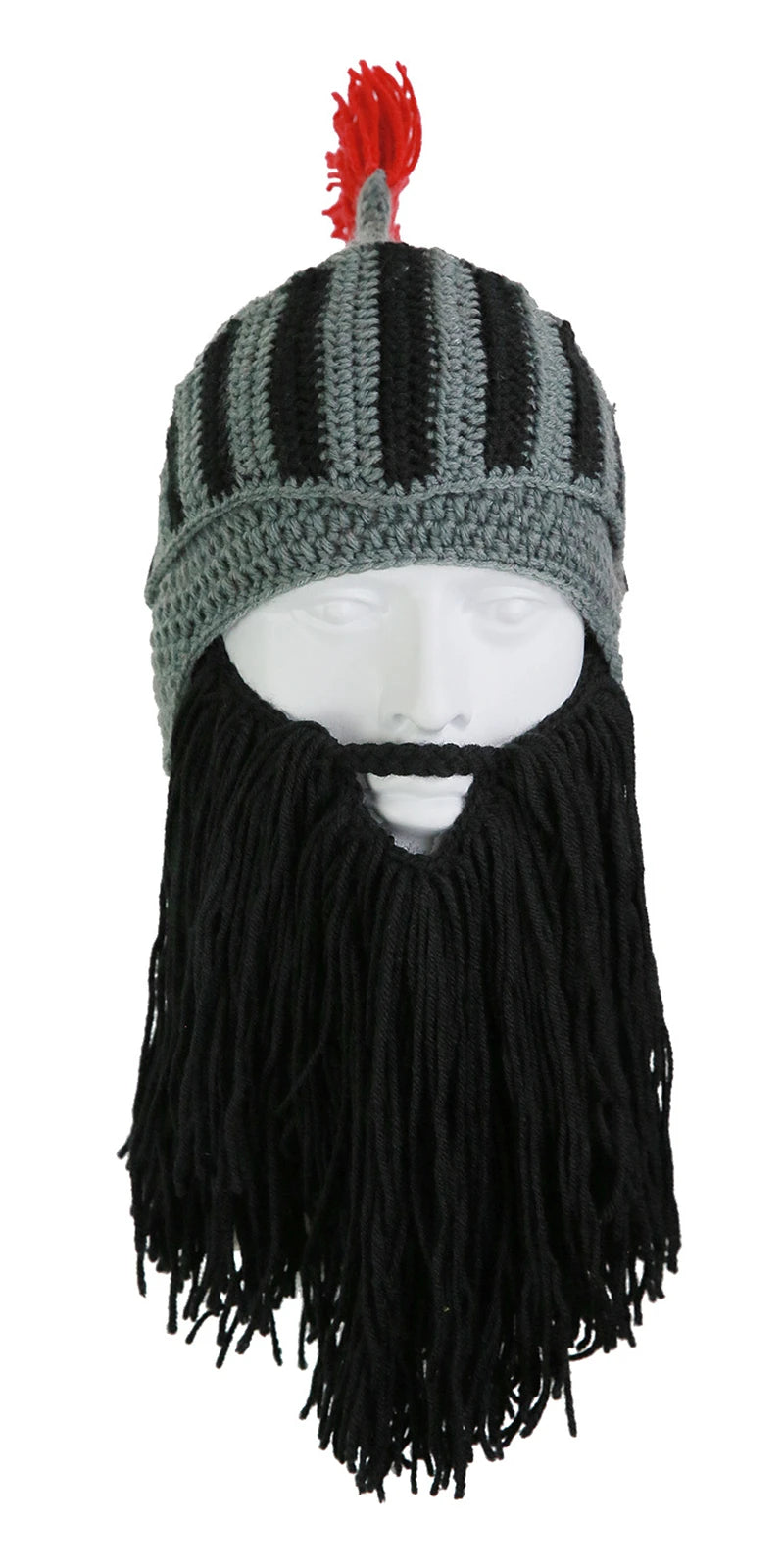 Red Tassel Cosplay Roman Knight Knit Helmet Men Cap Original Barbarian Handmade Winter Warm Beard Hats Funny Beanies Party Gifts