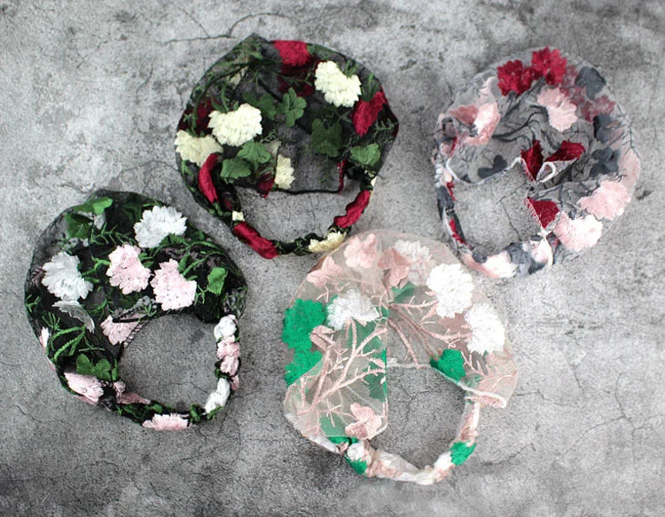 New Wide Headband for Women Ethnic Embroidery Flower Mesh Wide Edge Headbands Hibiscus Mutabilis Lace Bandaba Turban Headwear