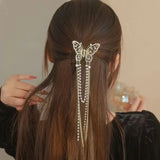 1 Pcs Full Diamond Hollow Butterfly Tassel Hair Accessories, Pearl Bead Chain Back Of The Head Grab Clip, Zinc Alloy Shark Clip