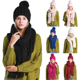 Women Winter 2Pcs Beanie Hat Tassels Long Scarf Set Solid Color Handmade Braided Cable Knit Skull Neck Warmer