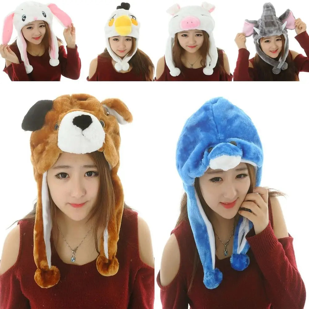 Soft Plush Animal Hat Moving Ears Hat Headgear Ears Airbag Cap Ear Protection Earmuff Funny Toys Neck Warmer Winter Warmer