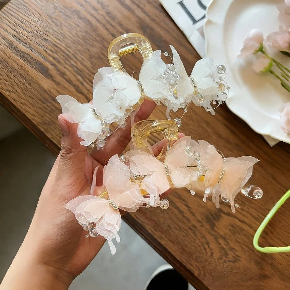New Fashion Simulation Butterfly Hair Clips Women Elegant Pearl Bow Ponytail Clip Sweet Crab Claw Headdress Hair Accessories
