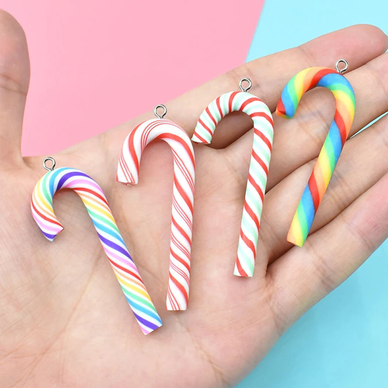 10Pcs Kawaii Big Size Polymer Clay Christmas Candy Cane Charms Earrings Keychains Pendants for DIY Jewelry Make Crafts Accessory