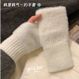 Mink Fleece Winter Half Finger Gloves Women Warm Luxury Solid White Plush Knitted Fingerless Gloves Writting Soft Wrist Mittens