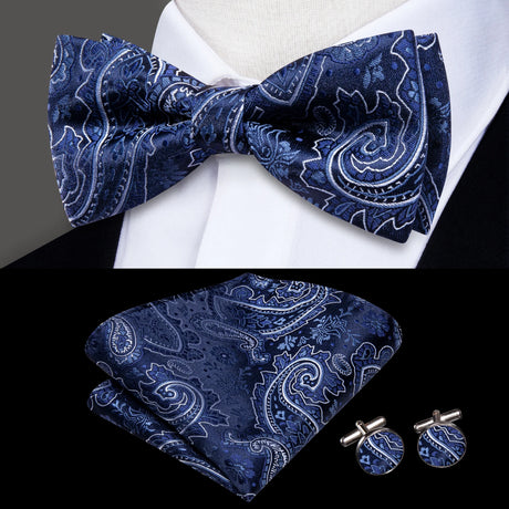 Hi-Tie Brand Silk Pre-tied Men's Bow Tie Hanky Cufflinks Set Bowtie for Male Jacquard Solid Paisley Floral Wedding Business Gift