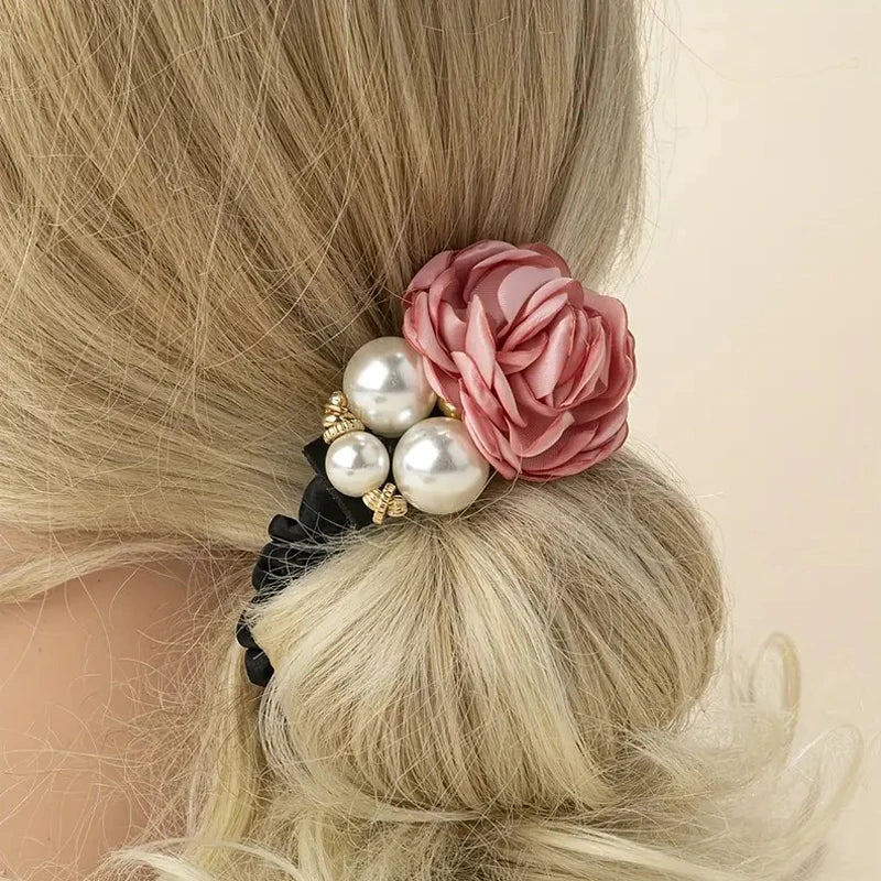 Pearl Rose Flower Hair Elastics Bands Hair Ties Stretchy Rubber Hairbands Floral Headbands Scrunchies Ponytail Holder