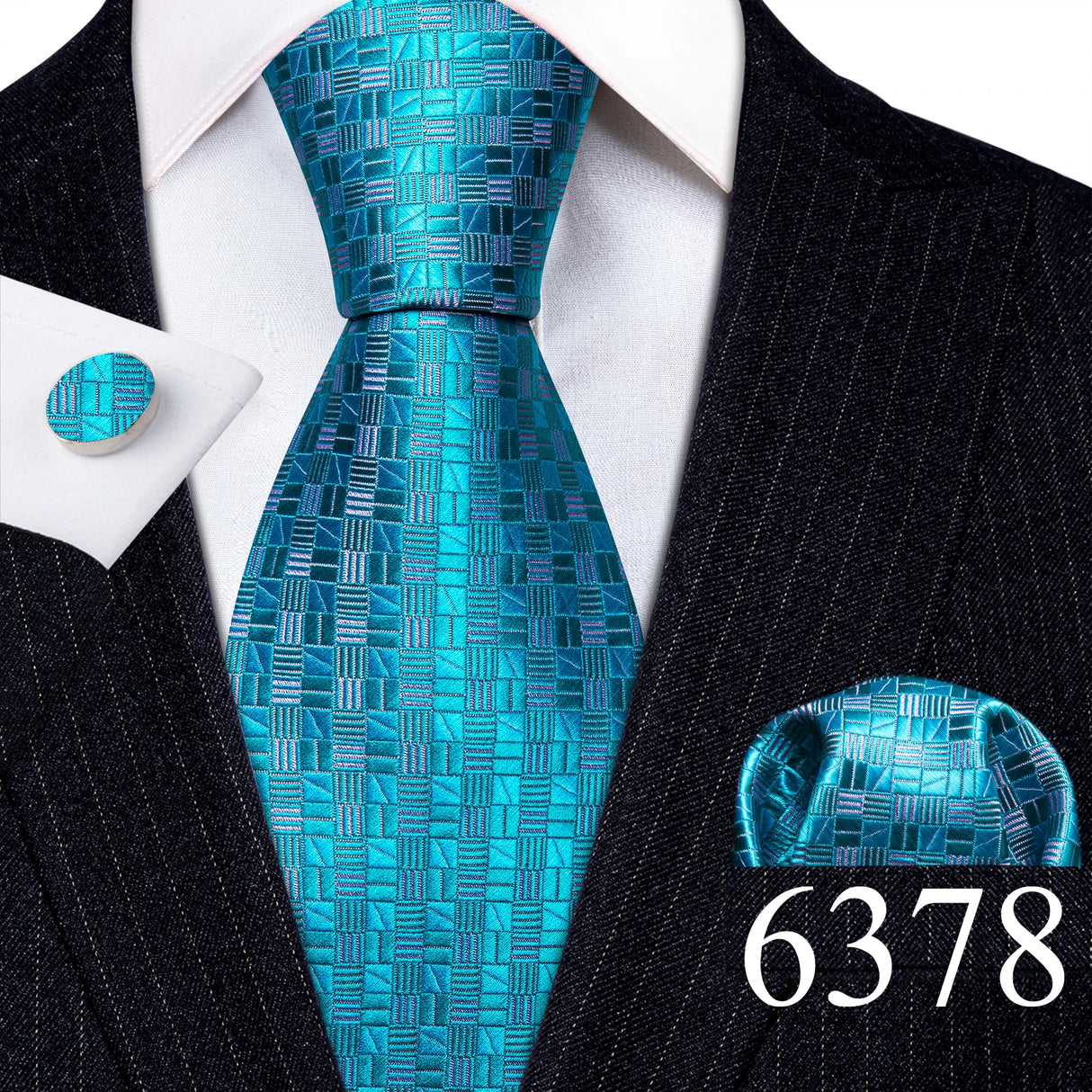 Novelty Teal Dots Tie For Men Fashion Trend Neck-Tie Woven Pocket Square Cufflinks Set Party Business Designer Barry.Wang FA-635