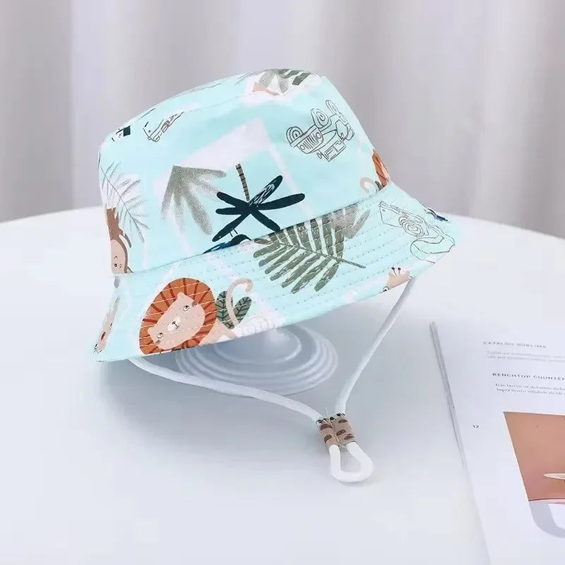Cute Cartoon Printing Bucket Baby Hat Cotton Breathable Kids Fisherman Hat Infant Toddle Sun Hat with Drawstring for 1-5 Years
