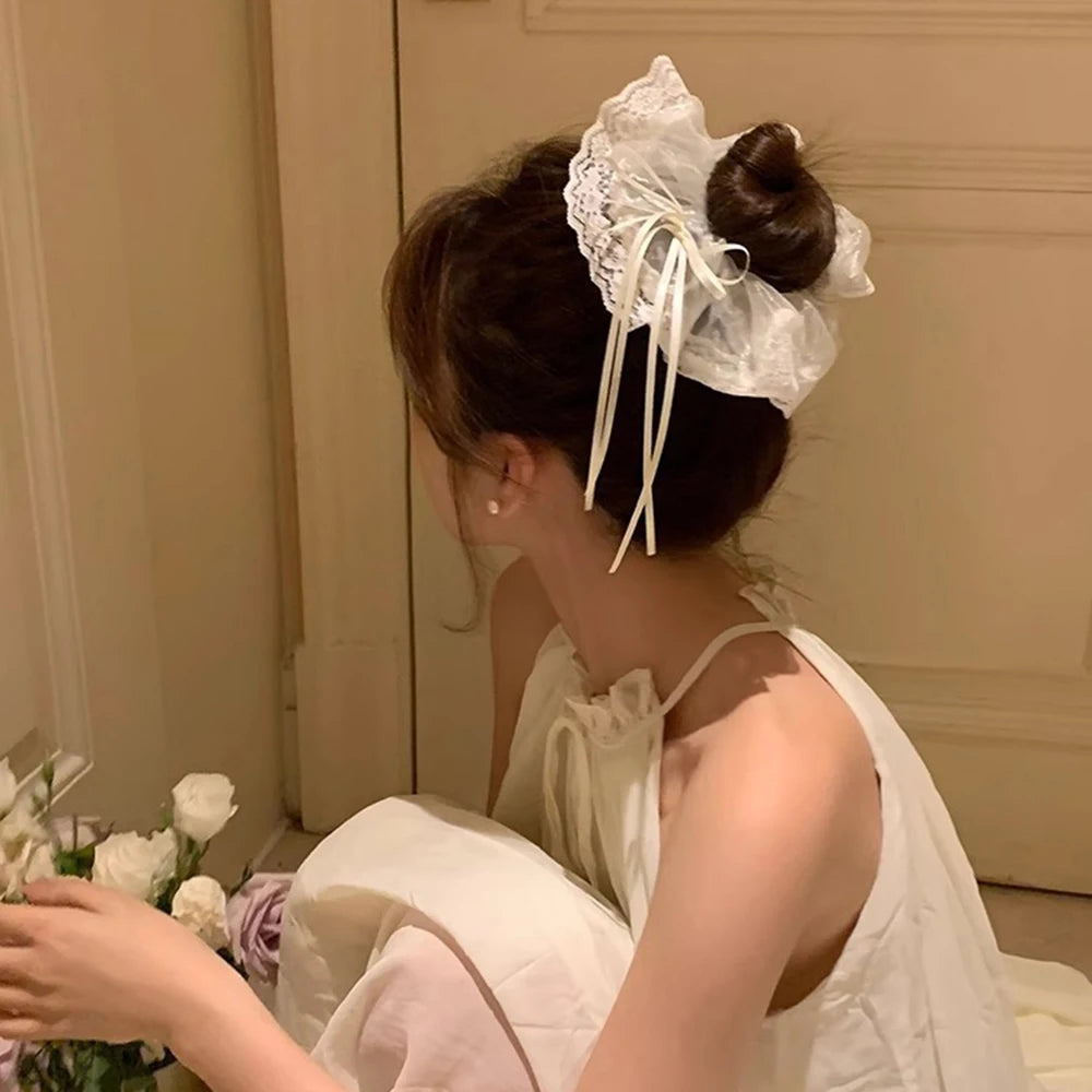 Lace Scrunchies Bowknot Ribbon Elastic Hair Bands Hair Rope Ties Hair Accessories Ponytail Holder Hair Ring INS Hair Accessories