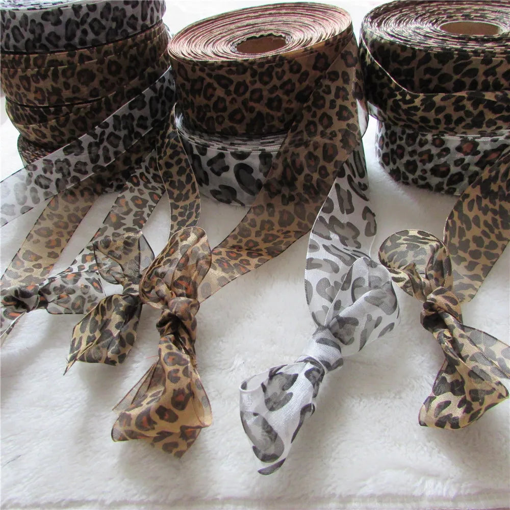 leopard print Satin Edge Sheer Organza ribbon10yard breadth 25mm-40mm bowknot technology