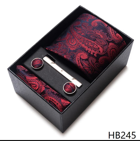 65 Colors Fashion Tie Handkerchief Set Tie Clip Necktie Box Man's Shirt Dark Red  Accessories Men Wedding Holiday  Gift