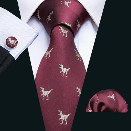 Barry.Wang Novelty Silk Men Tie Handkerchief Cufflinks Set Jacquard Animal Dinosaur Bat Gravat Necktie For Male Wedding Business