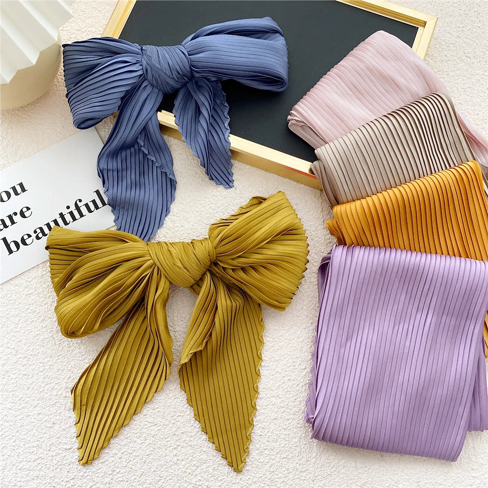 Women Soft Silk Pleated Scarf Luxury Solid Color Neck Scarfs Foulard Femme Crinkle Hair Band Scarves Girl Neckerchief