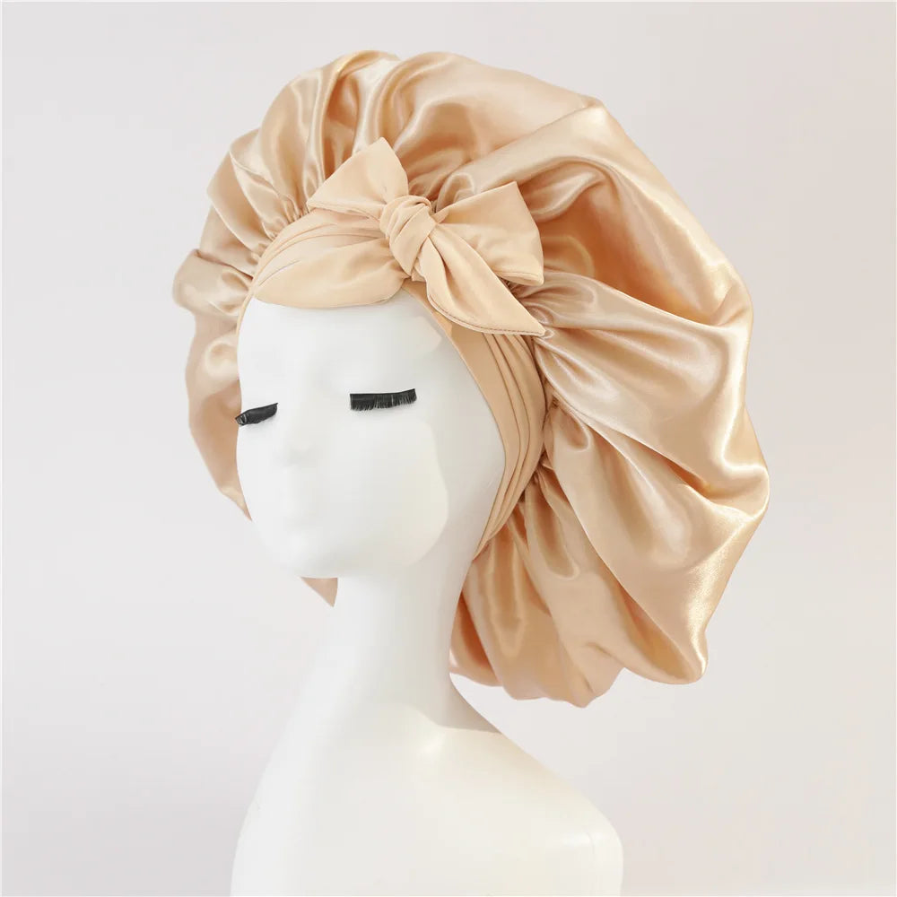 New Satin Sleeping Cap For Women Solid Wide Band Stretch Head Tie Silky Bonnet Edge Wrap Nightcap Hair Care Shower Head Cover