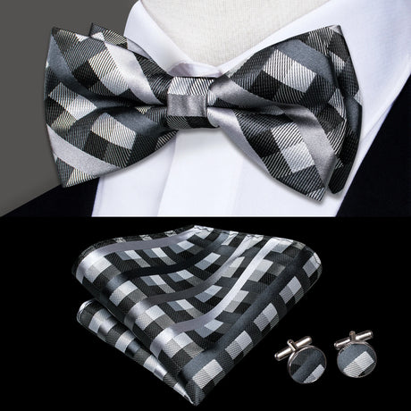 Hi-Tie Black White Silver Grey Brown Silk Mens Bow Tie Hankerchief Cufflinks Set Pre-tied Butterfly Knot Adjustable Bowtie Male