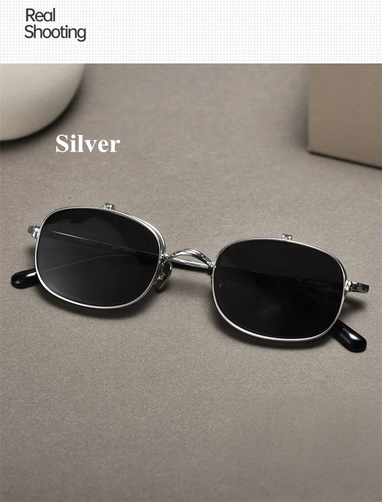 Vintage Titanium Square Glasses Frame with Flip Up Sunglasses Women Brand Designer Eyeglasses Men Trendy Semi Rimless Eyewear