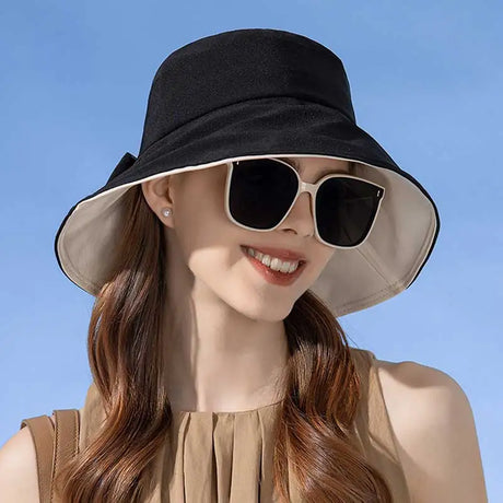 Summer Two-tone Bucket Hat for Women Breathable Soft 10cm Wide Brim Sun Cap Large Bowknot Elegant Ladies Top Hat Gift for Mother