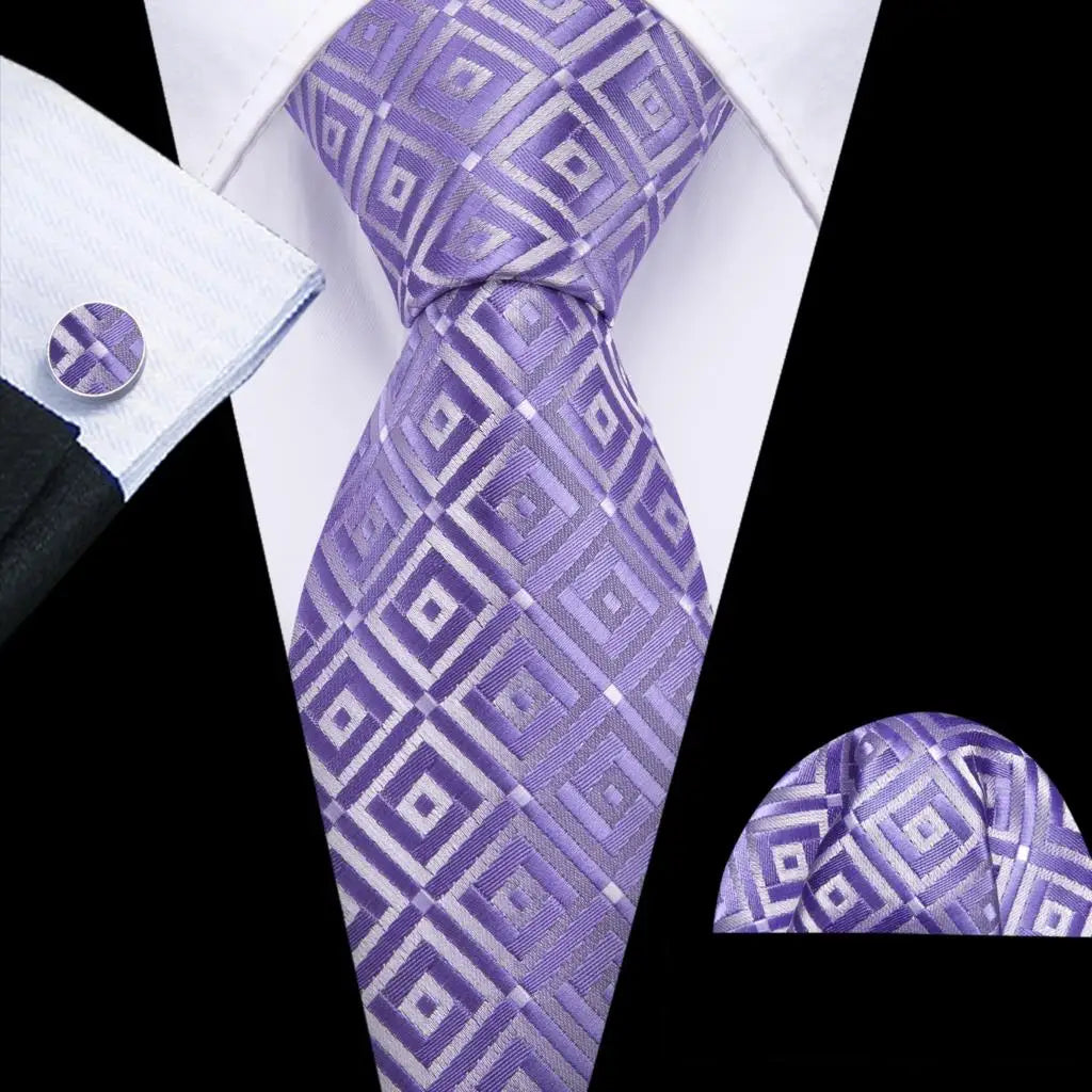 Barry.Wang Purple Lilac Lavender Silk Mens Tie Handkerchief Cufflink Set Jacquard Floral Necktie for Male Wedding Business Party