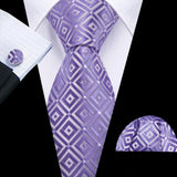 Barry.Wang Purple Lilac Lavender Silk Mens Tie Handkerchief Cufflink Set Jacquard Floral Necktie for Male Wedding Business Party