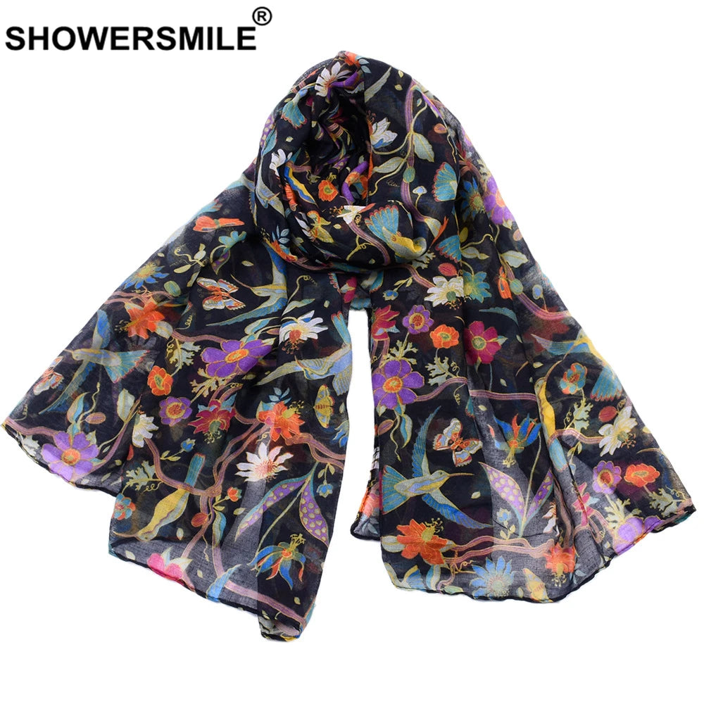 SHOWERSMILE Women Scarf Flower Print Voile Spring Autumn Colourful Scarfs for Ladies Scarf Women Echarpe