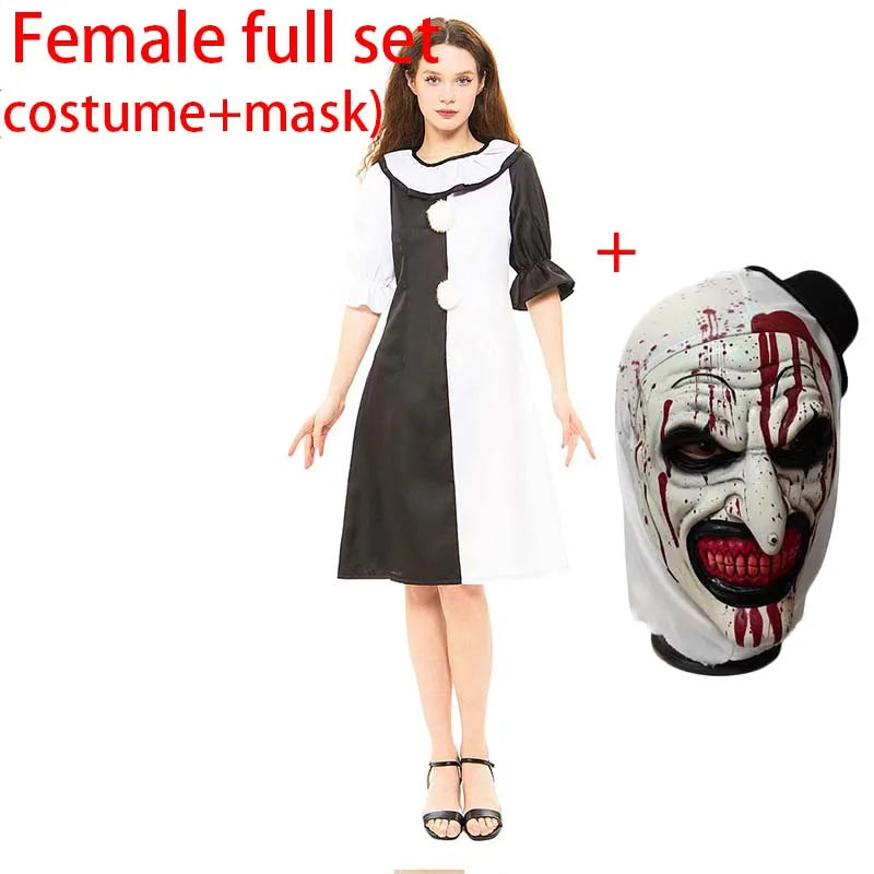 Terrifierr Cosplay Costume Female/Male Horror Carnival Party Skin-Tight Black White Killer Clowns Jumpsuit for Halloween Costume