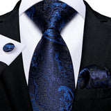 Elegant Blue Floral Paisley Men's 8cm Silk Tie Set with Pocket Square Cufflinks Business Suits Accessories Groom Wedding Cravat