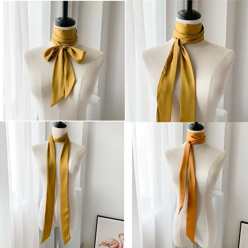 Long Skinny Hair Scarf For Women Silk Satin Headband Cute Neckerchief Solid Colors 190*5cm Fashion Bag Scarves For Ladies 2023