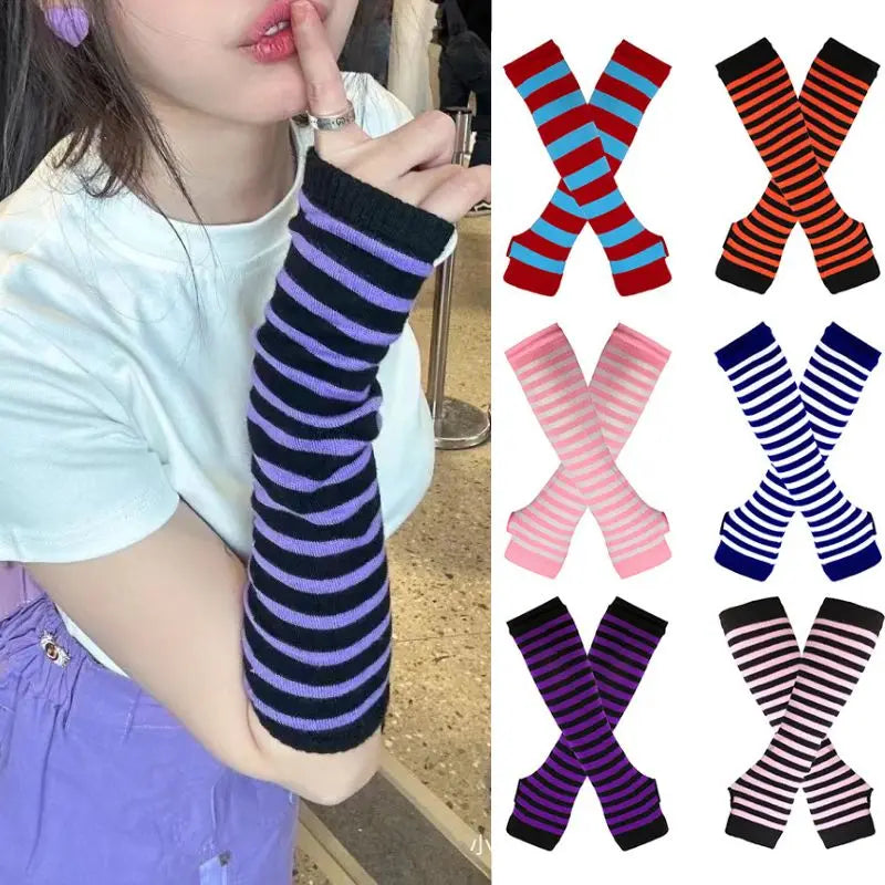 Anime Women Girls Hand Arm Warmer Fingerless Gothic Long Glove Wristband Arm Cover Long Sleeve Striped Elbow Knitted Gloves