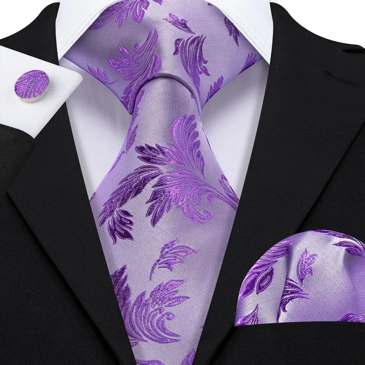 Barry.Wang Purple Silk Mens Tie Hanky Cufflinks Set Lilac Lavender Mauve Violet Jacquard Necktie For Male Wedding Business Party