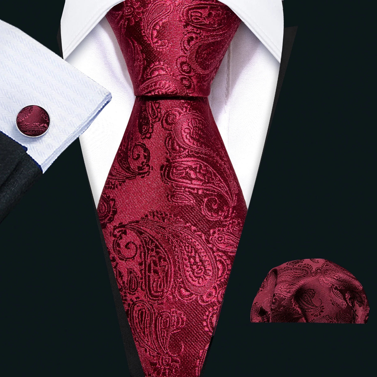 Red Silk Wedding Necktie Jacquard Woven Striped Ties For Men Tie Handkerchief Cufflink Set Barry.Wang Fashion Designer FA-5028