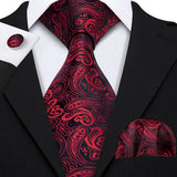 Barry.Wang Red Maroon Burgundy Rose Silk Men's Tie Pocket Square Cufflinks Set Jacquard Necktie for Male Wedding Business Party