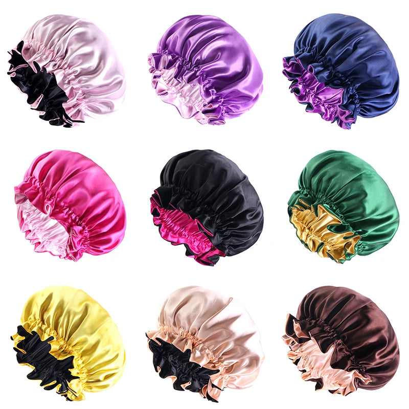 New Women Reversible Satin Bonnet Hair Caps Double Layer Adjust Sleeping Cap Extra Large Round Nightcap Head Wrap Shower Caps