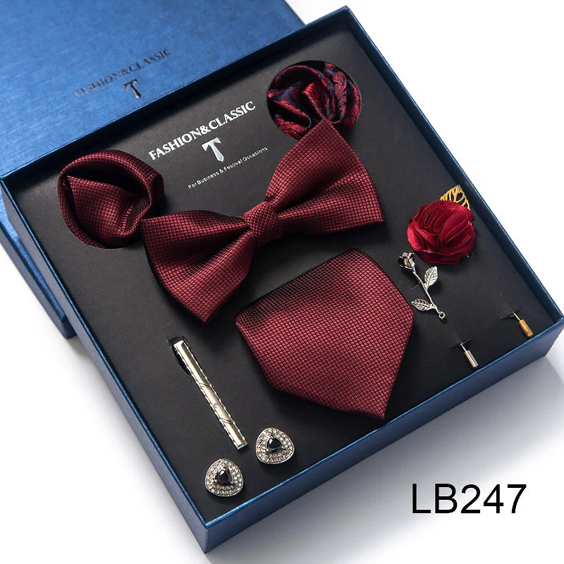 Brand Newest Design Silk Tie Set Handkerchief Pocket Squares Cufflink Bow Tie Clip Necktie Set Bussiness Wedding Suit Gift Box