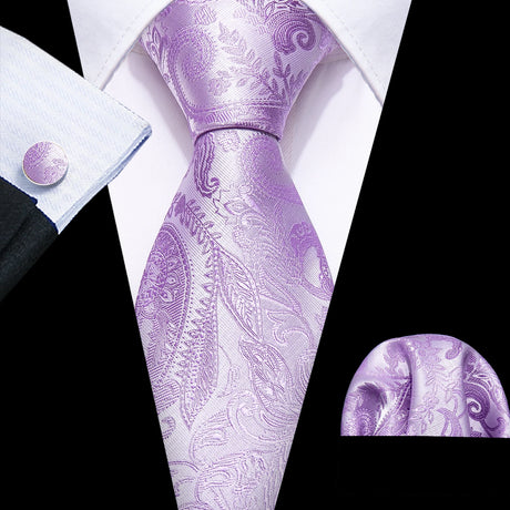 Male Gift Silk Men Tie Set Purple Violet Solid Paisley Striped Wedding Business Tie for Man Necktie Handky Cufflinks Barry.Wang