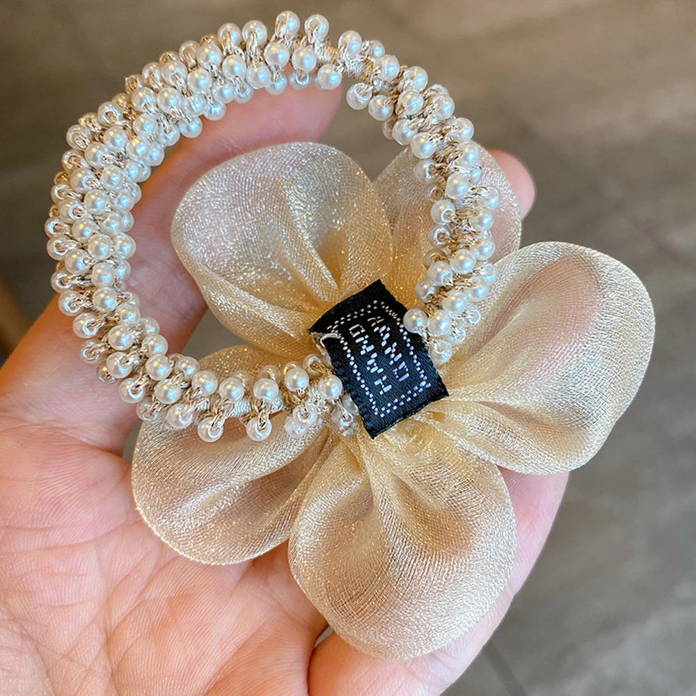 Flower Rhinestone Pearl Hair Elastics Ties Korean Version Headband Ponytail Hair Holder Hair Accessories for Girl and Women