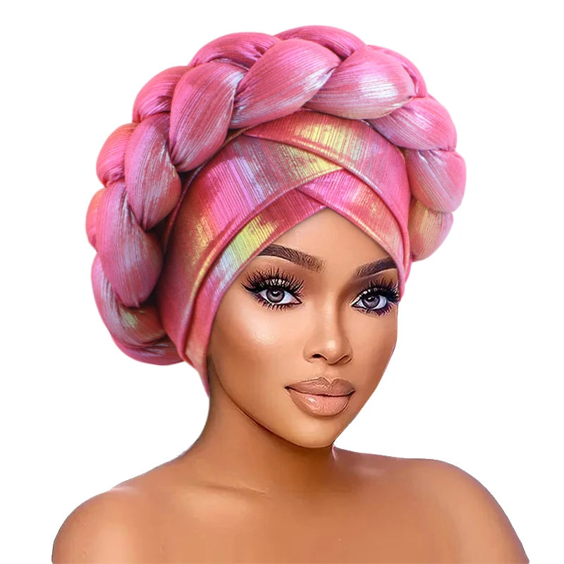 New African Colorful Laser Large Braid Turbans For Women Trendy Gradient Color Elastic Head Wraps Ramadan Chemo Hats Headscarf