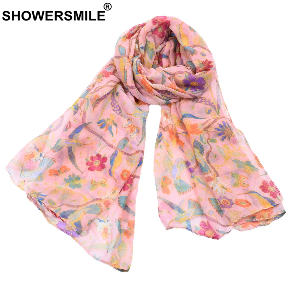 SHOWERSMILE Women Scarf Flower Print Voile Spring Autumn Colourful Scarfs for Ladies Scarf Women Echarpe