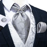 Luxury Silver Paisley Men Ascot Tie Wedding Formal Cravat Ascot Scrunch Self British Neck Tie Set Pocket Square Cufflink DiBanGu