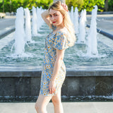 Mini robes d'été pour femmes, mode féminine, imprimé floral, en mousseline de soie, froncée, manches courtes bouffantes, robe décontractée