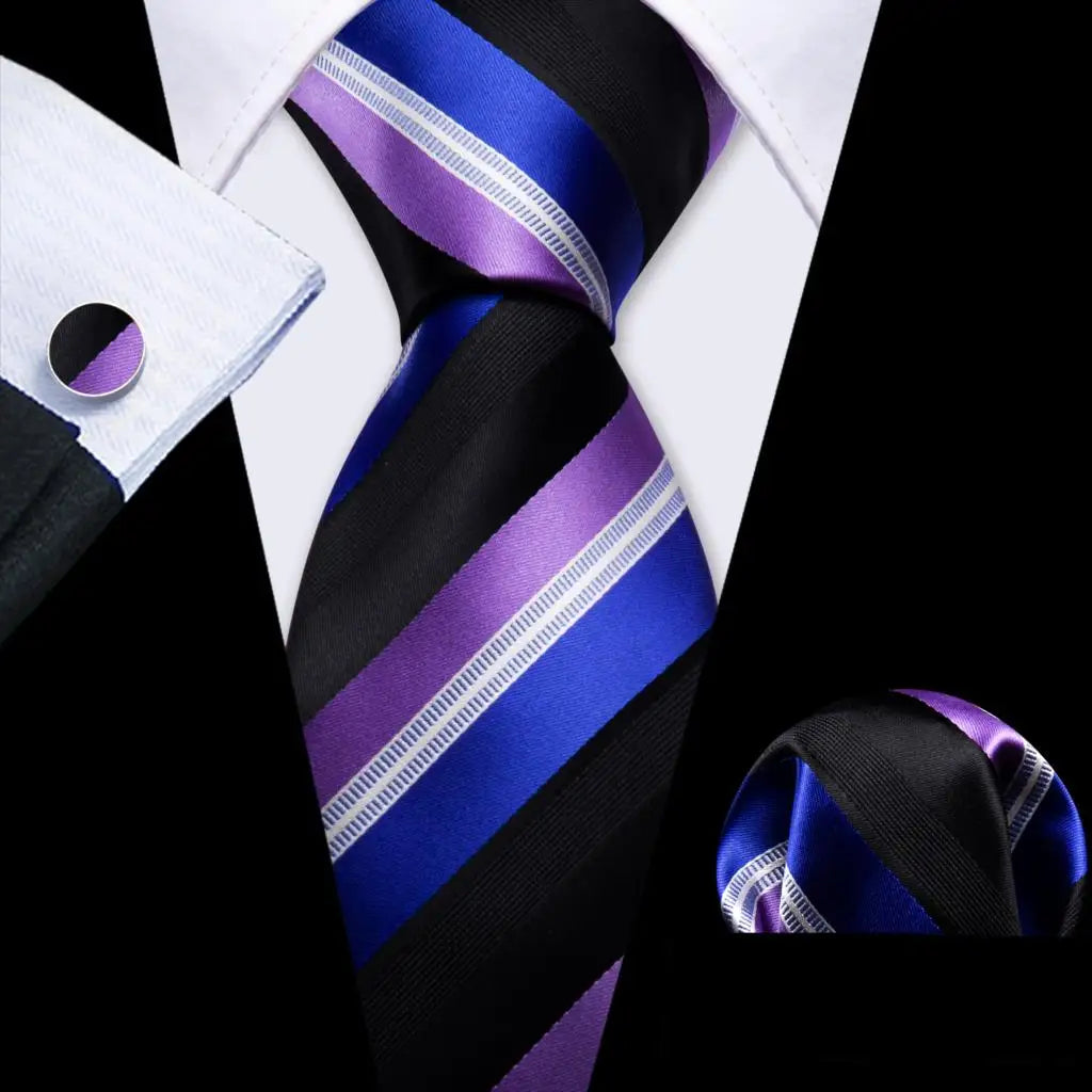 Male Gift Silk Men Tie Set Purple Violet Solid Paisley Striped Wedding Business Tie for Man Necktie Handky Cufflinks Barry.Wang