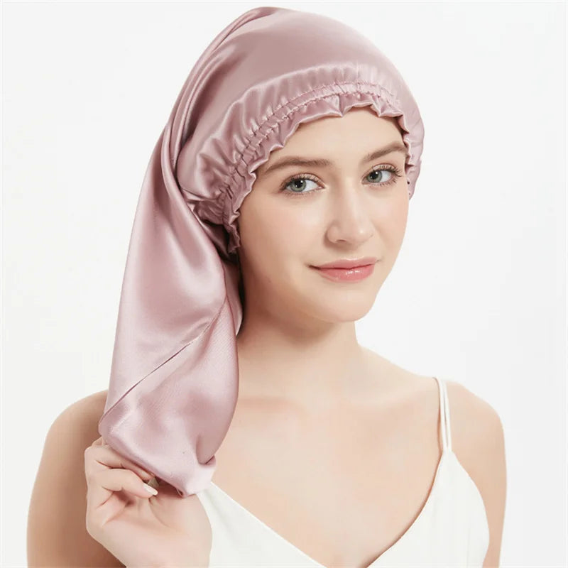Luxury Comfortable Solid100% Real Silk Long Nightcap Hair Care Perm Beauty Sleeping Hat