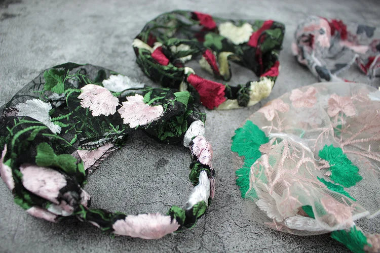 New Wide Headband for Women Ethnic Embroidery Flower Mesh Wide Edge Headbands Hibiscus Mutabilis Lace Bandaba Turban Headwear