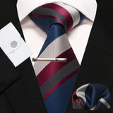 KAMBERFT New Classic Silk Men's Tie Red Gold Striped Men's Tie Handkerchief Cufflinks Set Wedding Business Party Gravatas