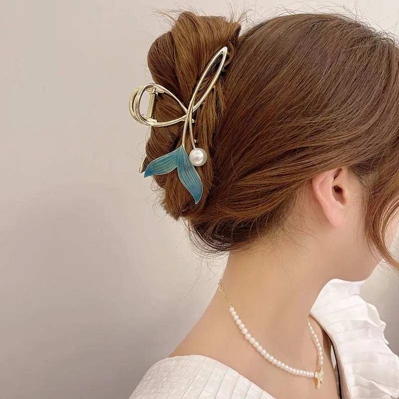 1pc New Product Star Same Style Fish Tail Pearl Hair Clip Tail Clip High Grade Headwear Chinese Style Trendy Retro Grip Clip