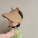Lovely Bear Ears Empty Top Hat Baby Straw Cap Children Long Brim Sun Visors Kids Adjustable Summer Beach Bonnet Boy Girl Props