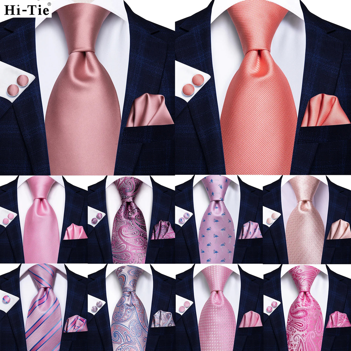 Hi-Tie Solid Rose Pink Coral Paisley Mens Silk Wedding Tie Fashion Design Necktie For Men Quality Hanky Cufflink Business Party